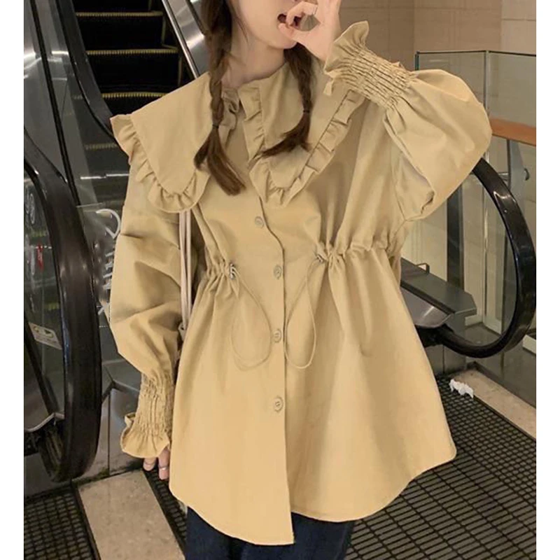 Sweet Loose Shirt Women Autumn Ruffles Peter Pan Collar Fashion Blouse Fall Drawstring Cinched Waist Folds Long Sleeve Chic Tops