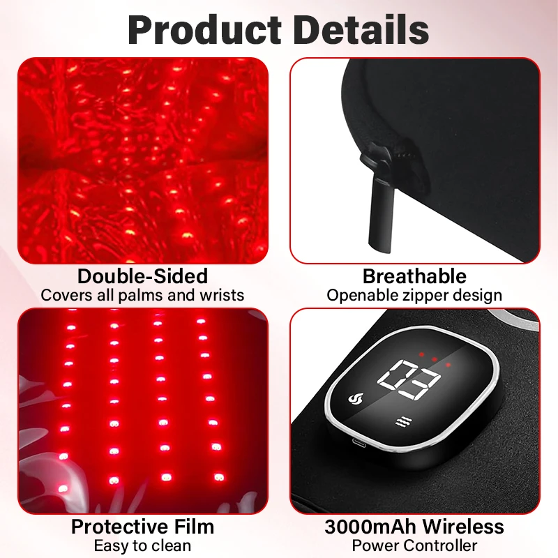 LED 660nm 850nm تدليك متعدد الوظائف العلاج بالضوء الأحمر قفازات اليد لتخفيف آلام اليد الإغاثة استرخاء العضلات