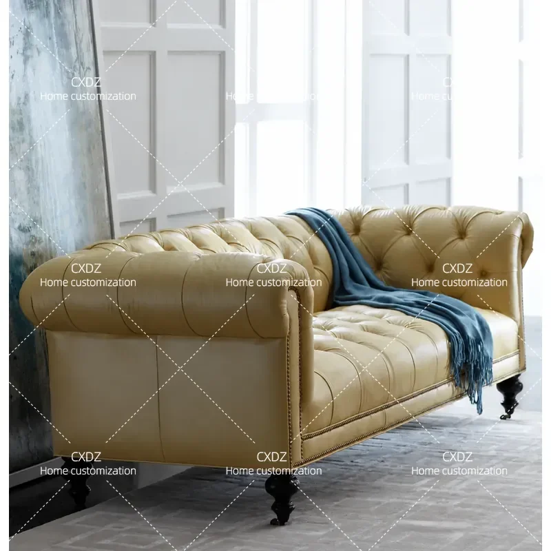 Neoclassical Luxury 3 Seater Sofa Genuine Top Layer Cowhide Leather Double Couch Modern Living Room Furniture Customizable