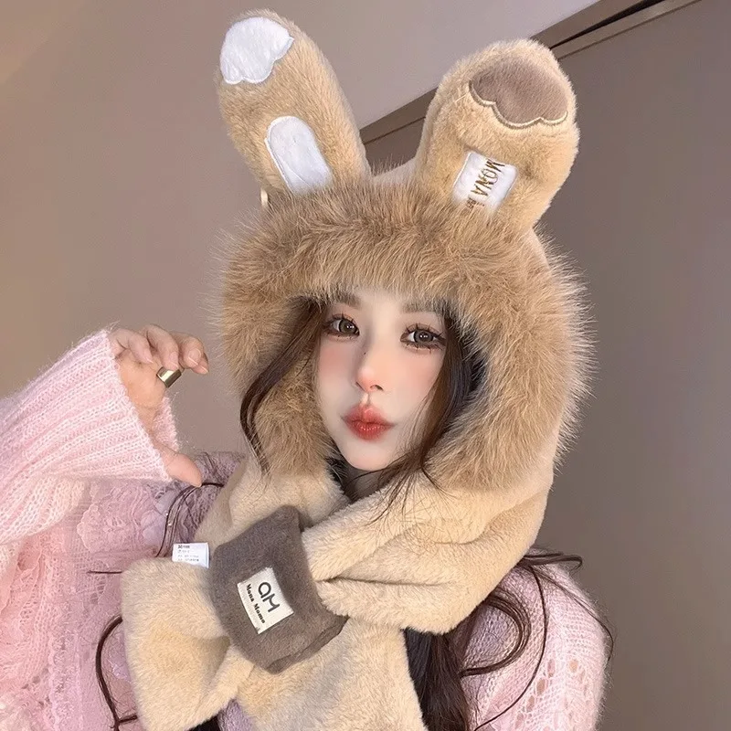 Sleeve Cap Women Rabbit Ears Plush Scarf Warm two-piece Cap Winter Outdoor Ear Protection Windproof Thickened Caps Hot