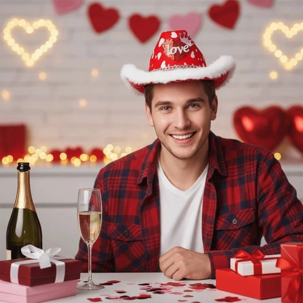 

Adjustable Wide Brim Red Heart Cowboy Cap Felt Warmer Cowgirls Top Hat Fashion Lightweight Valentine's Day Party Hat Men