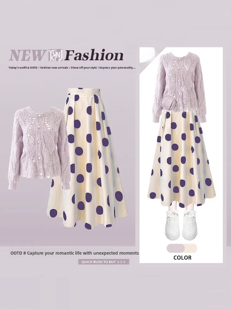 Fioletowy dzianinowy komplet z spódnicą w kropki dla kobiet, zimowy, modny, artystyczny, delikatny, w stylu wiatru.