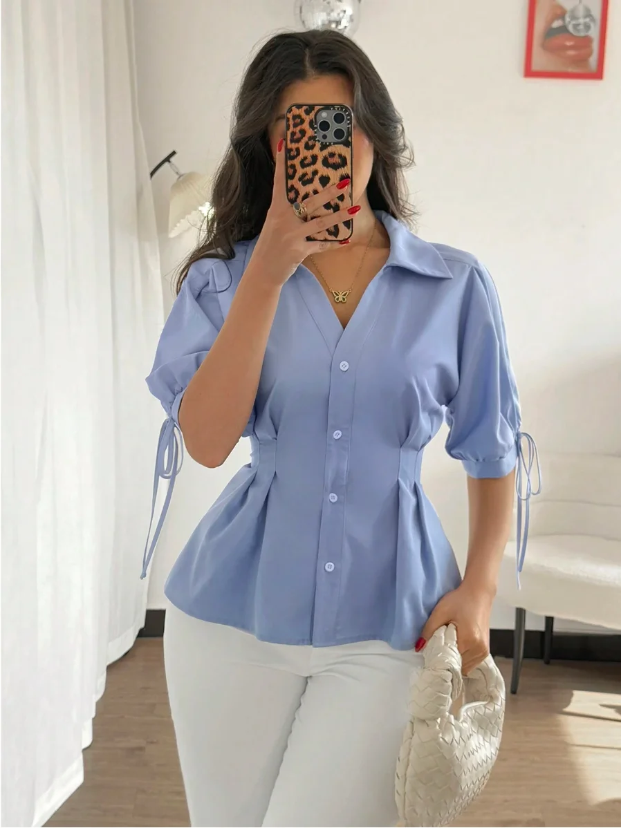 

European and American style classic elegant and fashionable waist cinched V-neck shirt