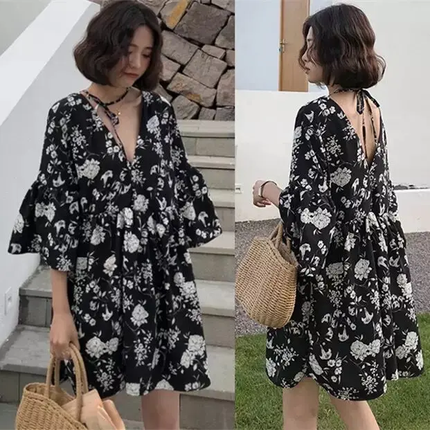 Summer Large Size Women's Dr Floral V-Ne A-Line Skirt ort Sve Korean Sle Commute Loose Waist Chiffon Dr