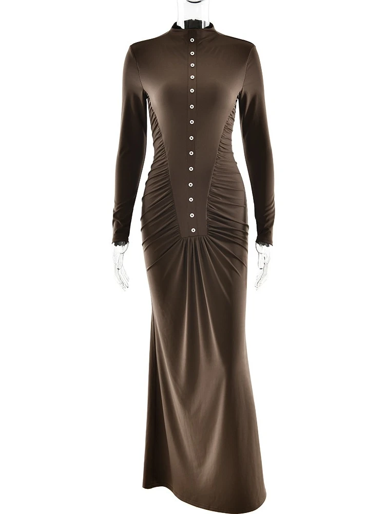 2025 Autunno Inverno Bottoni Tuniche increspate Abito lungo per le donne Elegante manica lunga Vita alta Pieghe Abiti da sera aderenti