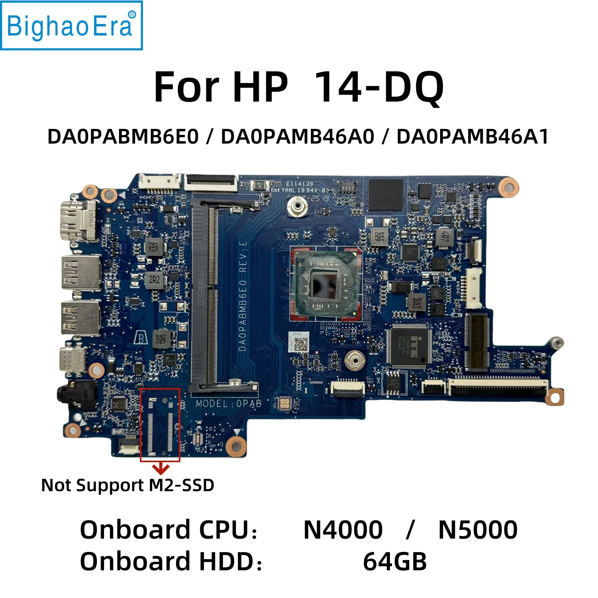 For HP 14-DQ 14s-dq Laptop Motherboard With N4000 N5000 CPU 64GB-HDD DDR4 DA0PABMB6E0 DA0PAMB46A0  DA0PAMB46A1 L61950-601