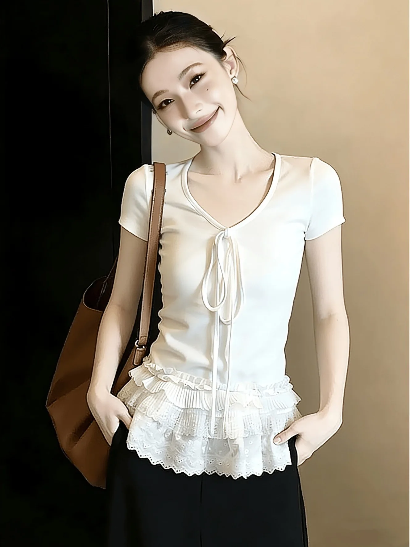 

plus Size Women's Sweet Lace Splice Short Sleeve T-Shirt Slimming Design Summer New Style V-neck Belted Top Commute Style