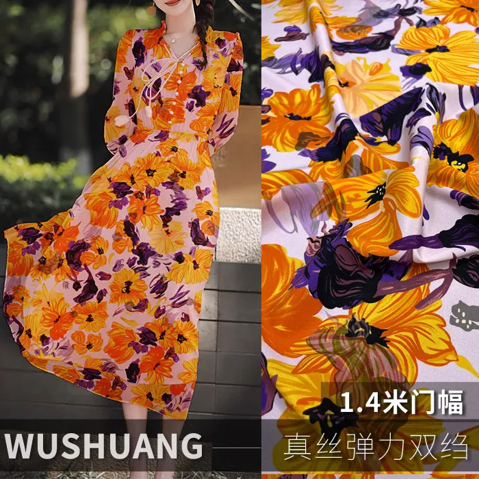 Orange & Purple Floral Print Silk Stretch Crepe De Chine Fabric Mulberry Silk Material for Dresses 140cm wide blouse