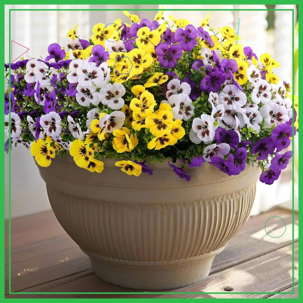 

Vibrant Artificial Pansy Flowers for Outdoor Decor - Purple Yellow White Mix (36 Stems)
