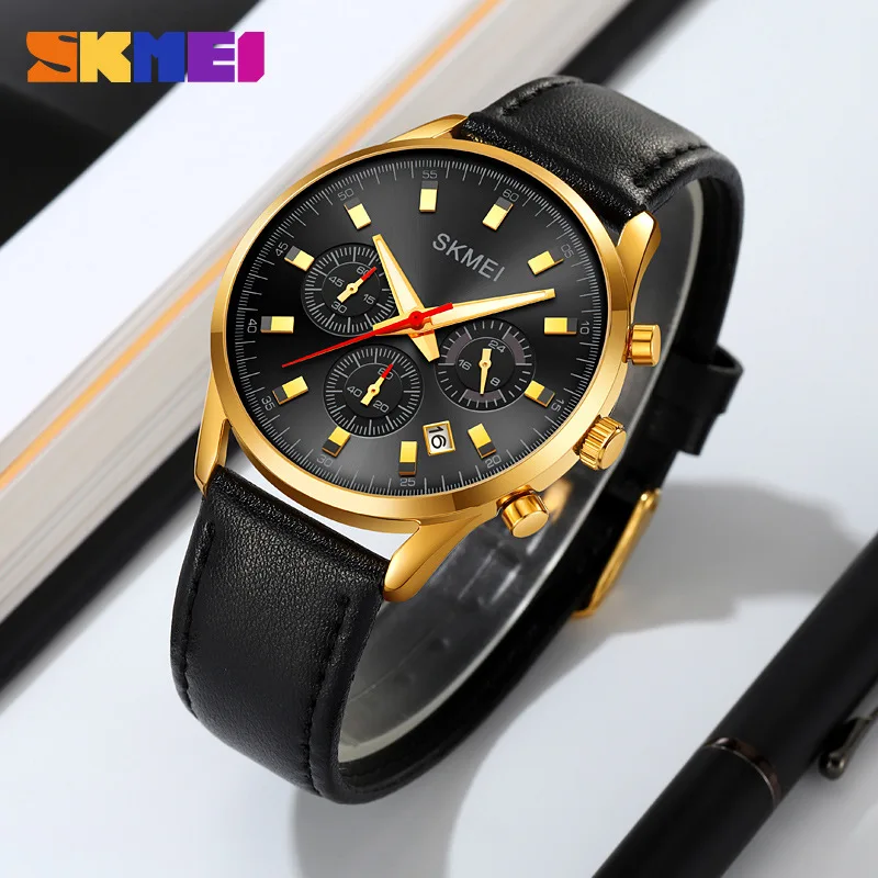 SkmeiMen 초박형 방수 쿼츠 시계, 달력 스톱워치, 타이밍 남성용 벨트 시계, 패션