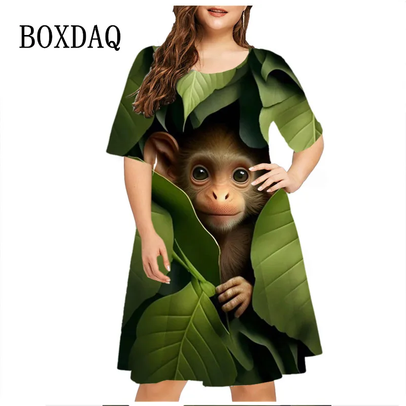 2023 Plant Flowers Green Leaf Funny Monkey Dress Women Plus Size Summer Dresses Casual Short Sleeve O-Neck 3D Print Loose Dress