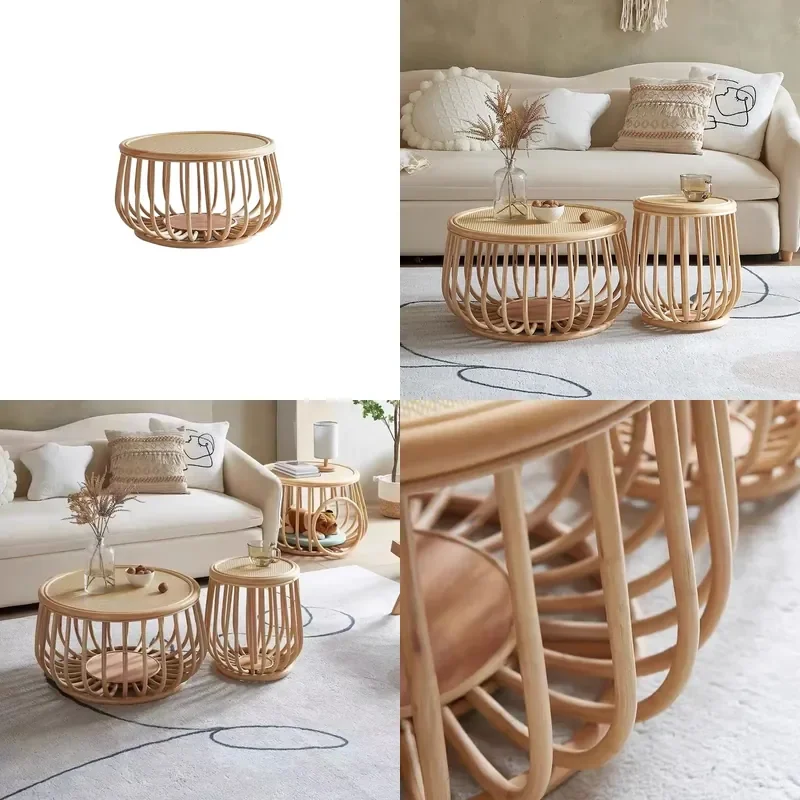 Nordic Round Rattan Coffee Table Retro Wicker Side Table for Small Apartment Balcony Living Room Home Decor