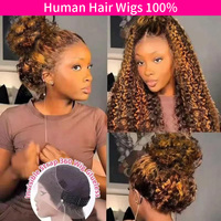 427 Highlight 360 Full Lace Wig Human Hair Pre Plucked Hd Deep Wave Frontal Wig Invisible Drawstring Curly Human Hair Wigs 32 In