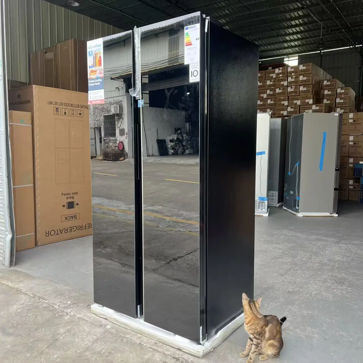 Side by Side Double Door Fridge 693L Big Capacity Black Glass Door Fan Cooling Total No Frost Inverter Compressor EU Standard