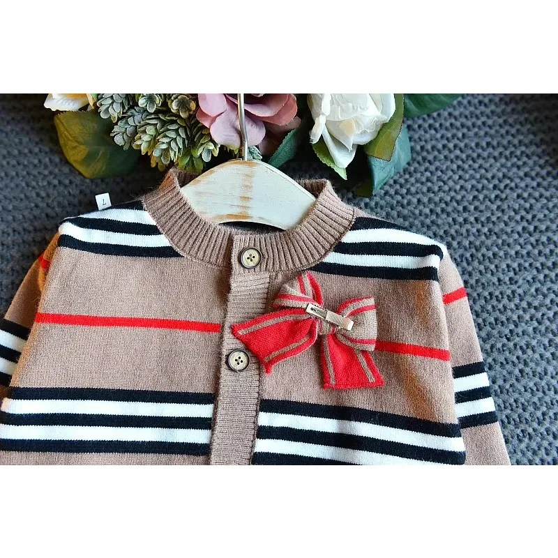 Baby Girl Clothes Set Autumn Winter New Fashion Striped Sweater Suit Cute Bow Knitted Two-piece 2-6 Years Kids Clothing