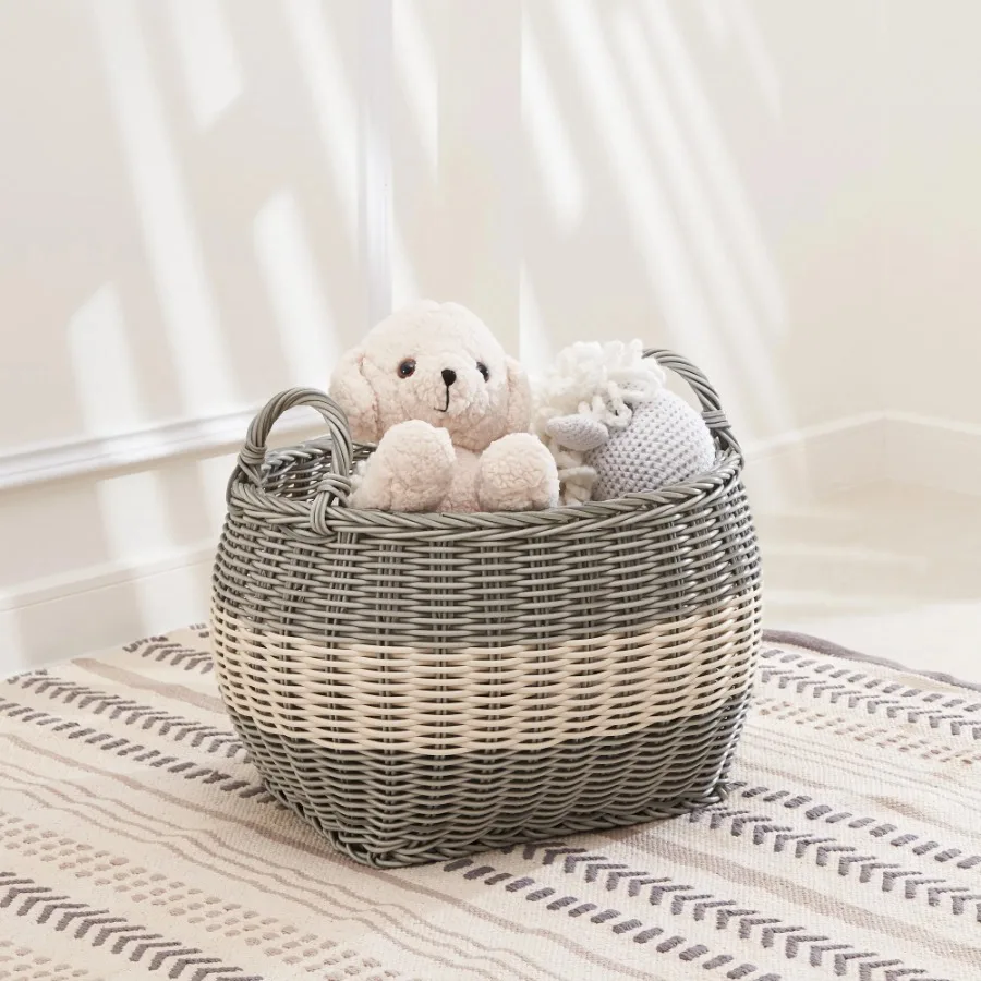 

Zita Oval Resin Woven Wicker Multi-Use Storage Basket with Handles - 18" x 15" x 15" - White-Gray - For Towel Toys Magazines St