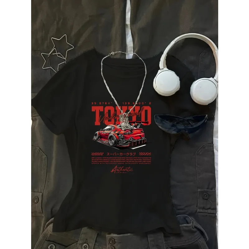 Creative and Trendy Racing Pattern Printed T-shirt for Women's Slim Fit T-shirt, Summer New Casual and Fashionable T-shirt