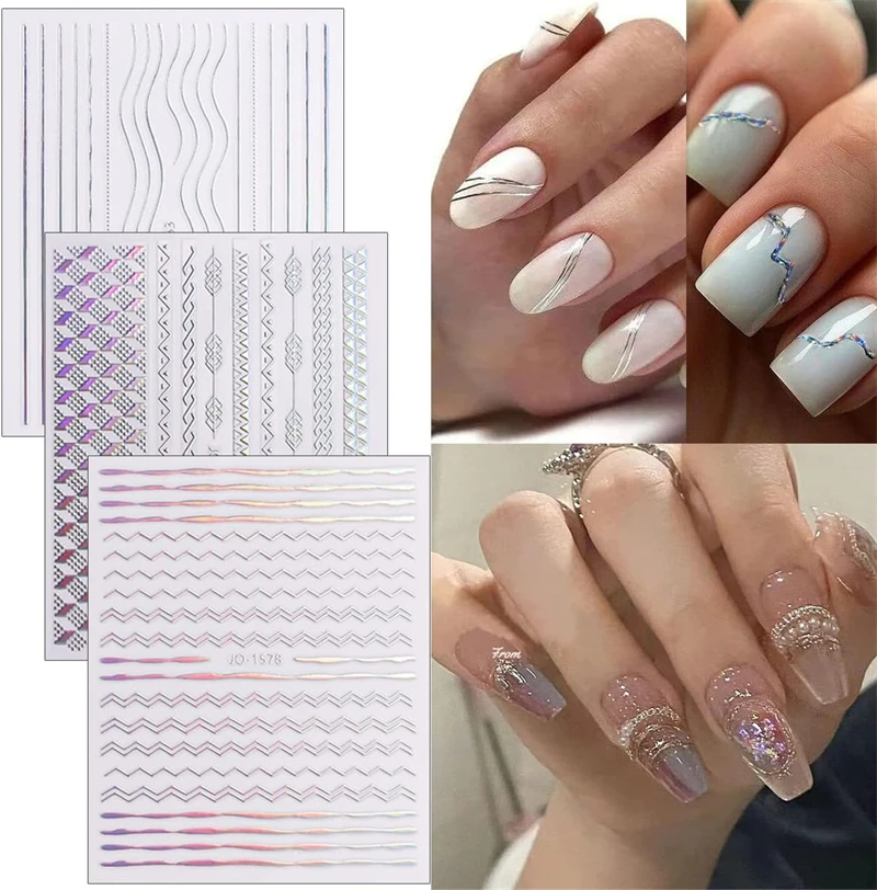 12 Sheets Line Nail Art Stickers 3D Aurora Nail Sticker Holographic Silver Stripe Nail Decals Wave Lines French Style Decoration