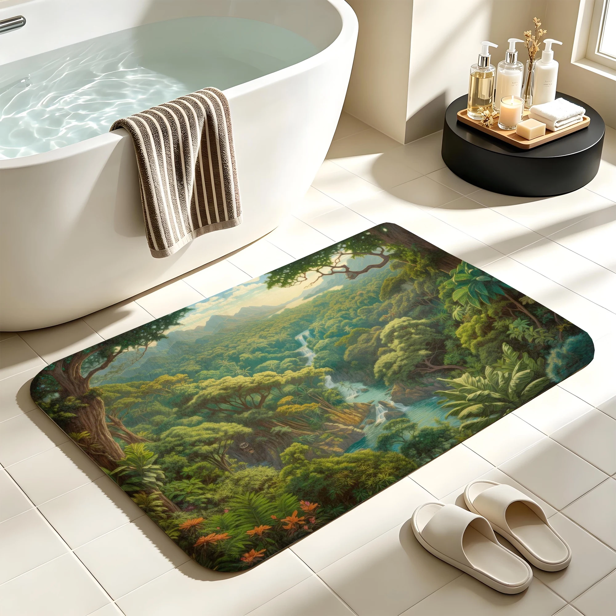 Green Jungle River Bath Mat Tropical Forest Scenery Water Absorbent Quick Dry Anti-Slip Shower Rug Floor Carpet for Bathroom Dec