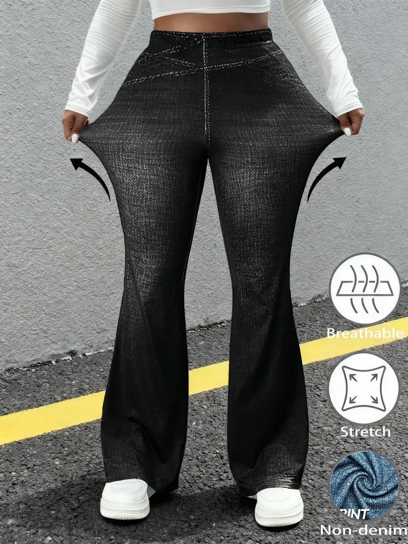 

Plus Size Women's High Waist Flare Leggings, Four-Way Stretch Breathable Non-Denim Wide Leg Pants, Slim Fit Casual Trousers