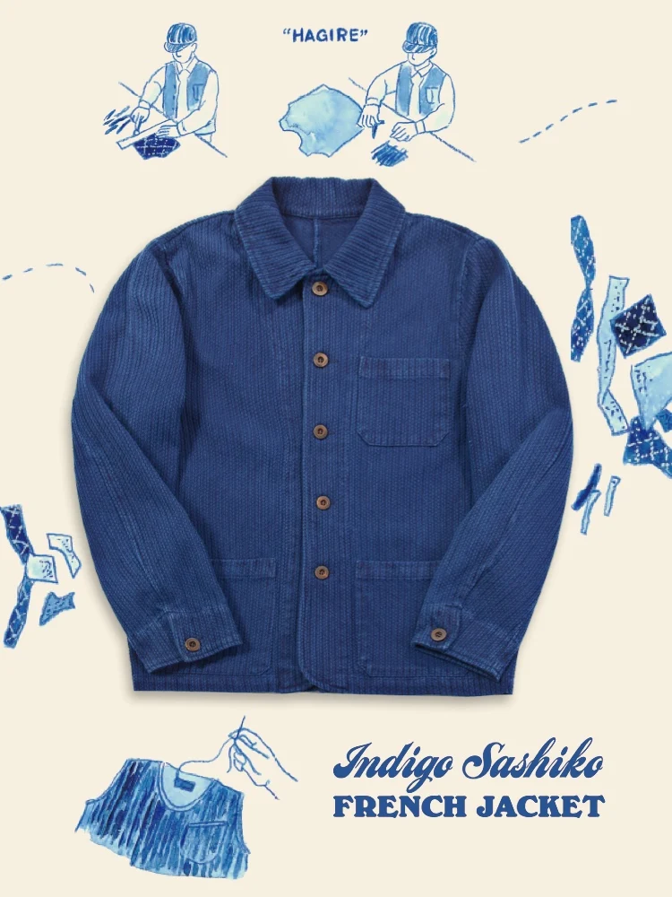 

Handmade Plant Dye Workwear Jaet Blue Indigo Saiko Cotton Youth Spring Autumn Long Sve Stand Fit Japanese Sle