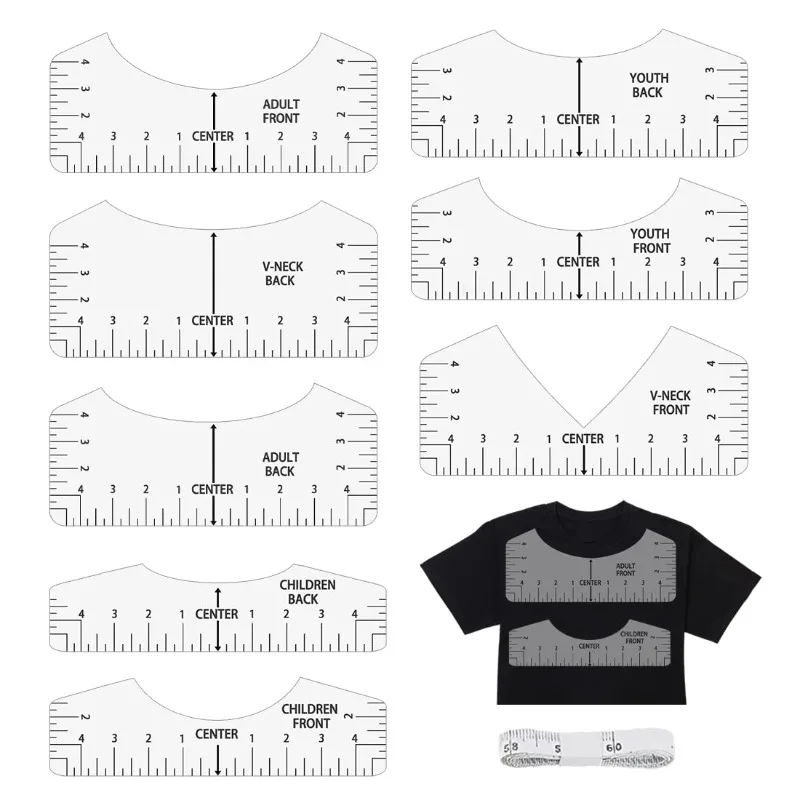 8 Pieces DIY T-Shirts Alignment Ruler Round Neck Calibration Sewing Ruler Son Centering Tool T-Shirts with Crew Neck and V-Neck