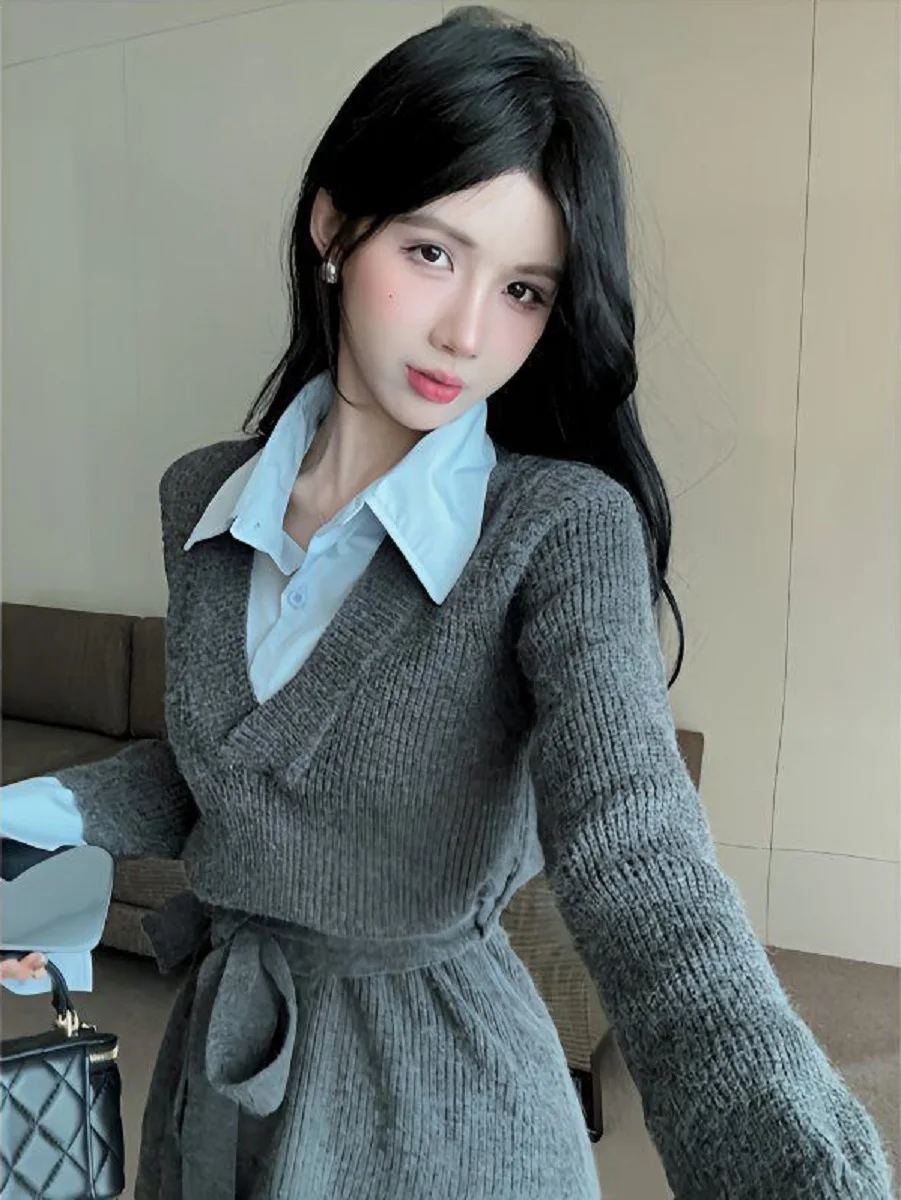

College Style Fake Two-Piece Knitted Dress Women Autumn Winter New Waistband Strap Hip Skirt Gray Sweater Skirt