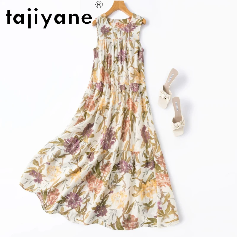 TAJIYANE Women Silk Tank Dresses 100% Mulberry Silk Bubble Crinkle Printed Long Dress Summer Birthday Frocks 2026 Woman Clothes
