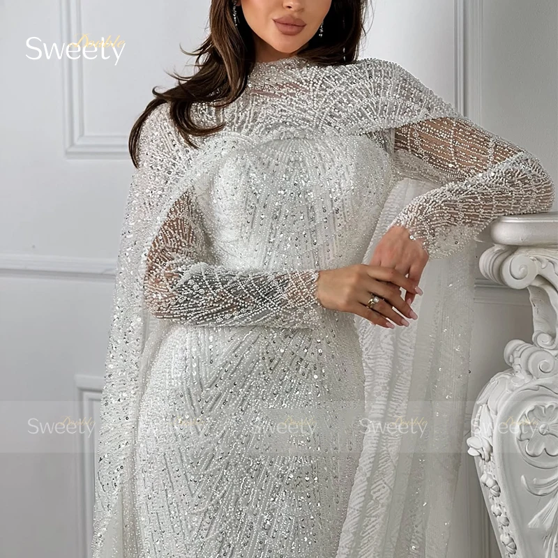 Luxuoso vestido de casamento sereia renda com miçangas vestido de baile gola alta manga cheia xale vestido de noiva personalizado novia