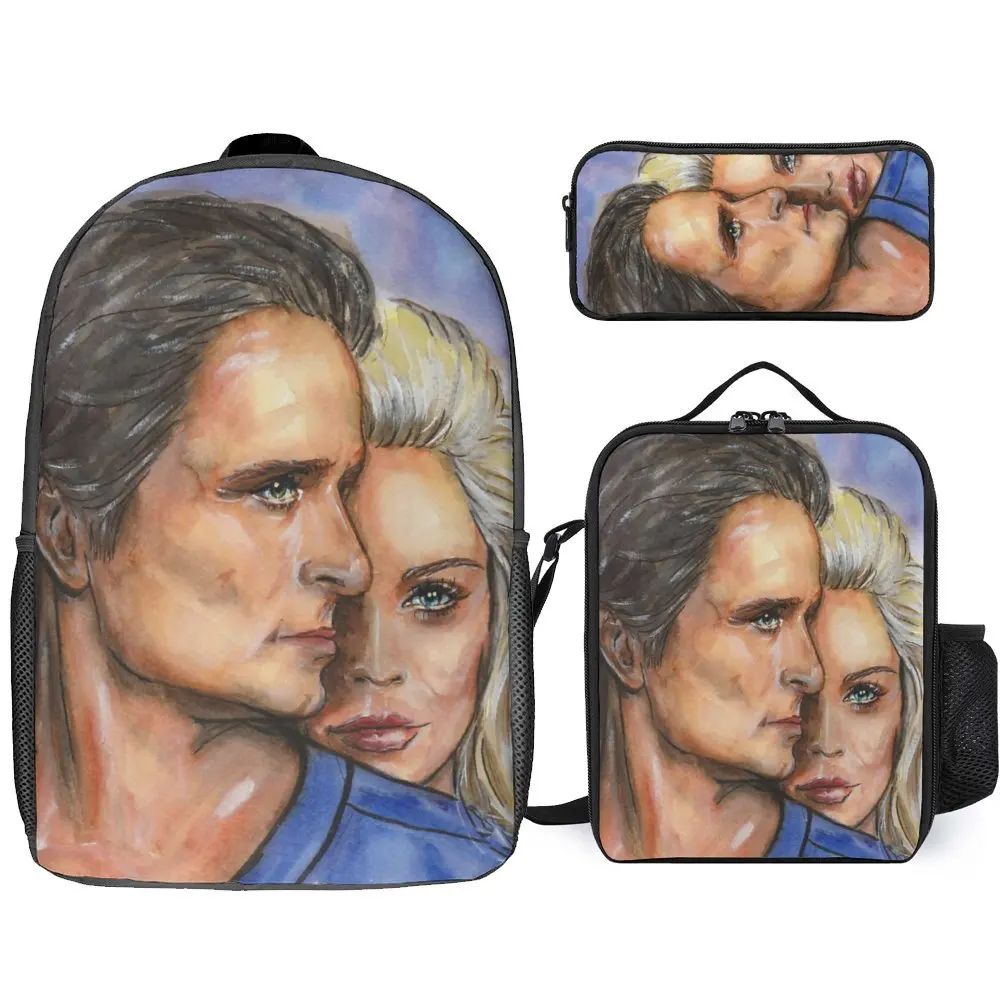 Sharon Stone Michael Douglas Durable Snug Lunch Tote 3 in 1 Set 17 Inch Backpack Lunch Bag Pen Bag Summer Camps Unique