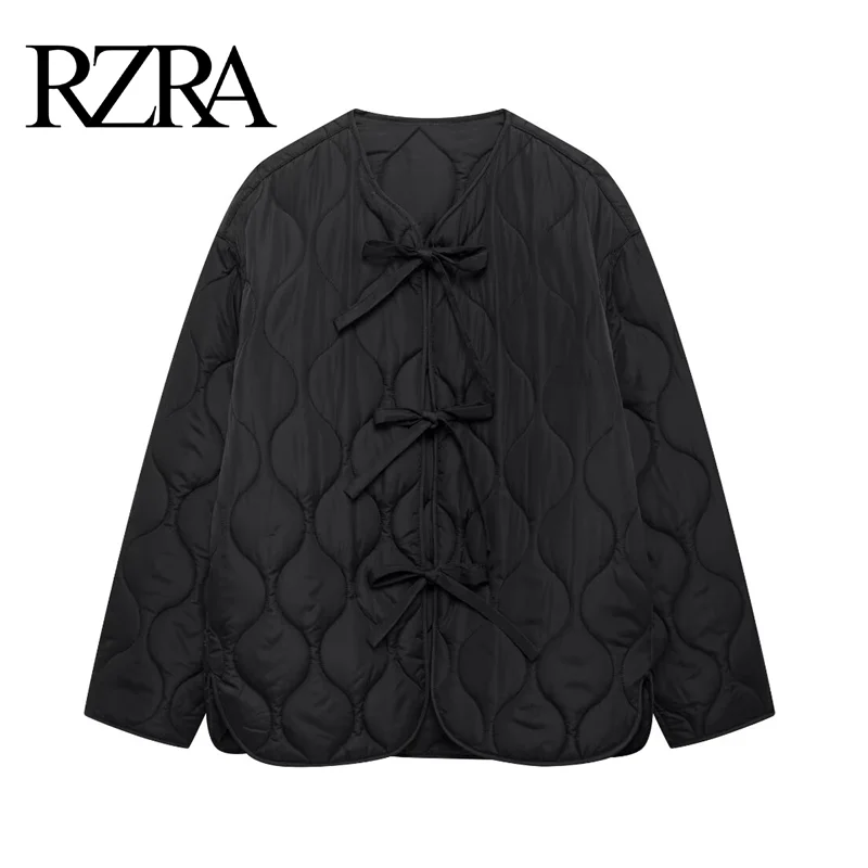 

RZRA2024 winter new women's black bow-decorated round neck long-sleeved quilted cotton jacket coat straight loose