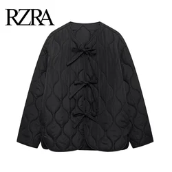 RZRA2024 winter new women's black bow-decorated round neck long-sleeved quilted cotton jacket coat straight loose