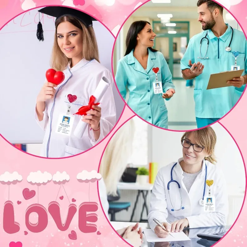 Heart-shaped Crystal Patch ID Card Holder with Rotating Clip Retractable Badge Reel with Pull Buckle for Work Security Pass