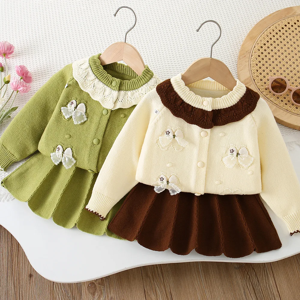 

Girls Knitted Clothes Sets Spring Autumn Children Woolen Jersey Sweaters Coats Skirts Kids Princess Dress Suit For Baby Outfits