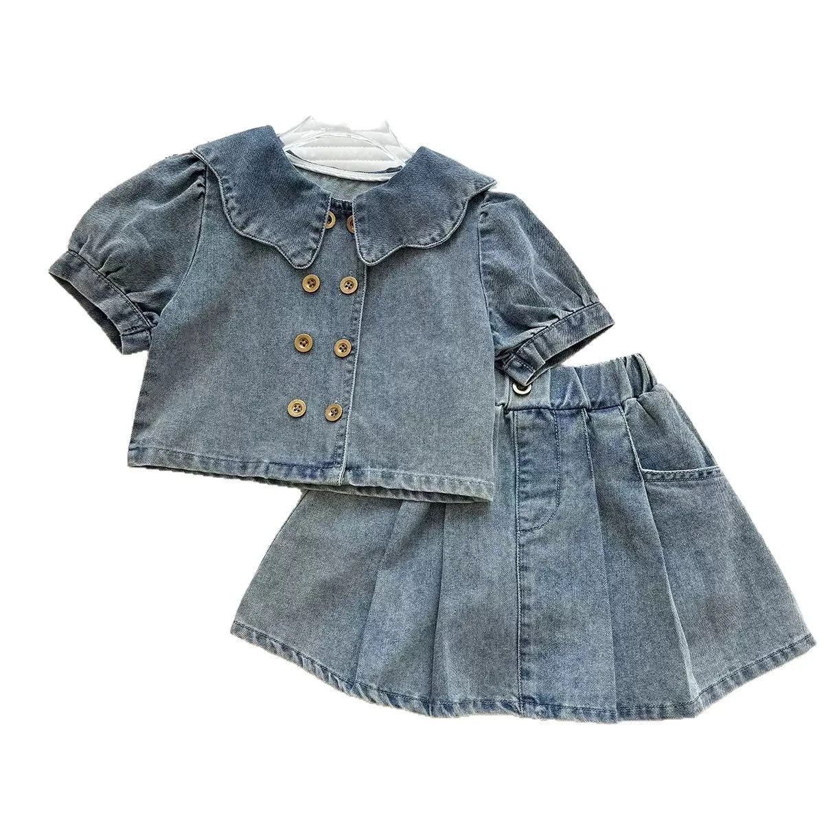 2026 Summer Girls Denim Set, Short Sleeve Top & Pleated Skirt, Kids 2PCS Outfit  for 90-150cm