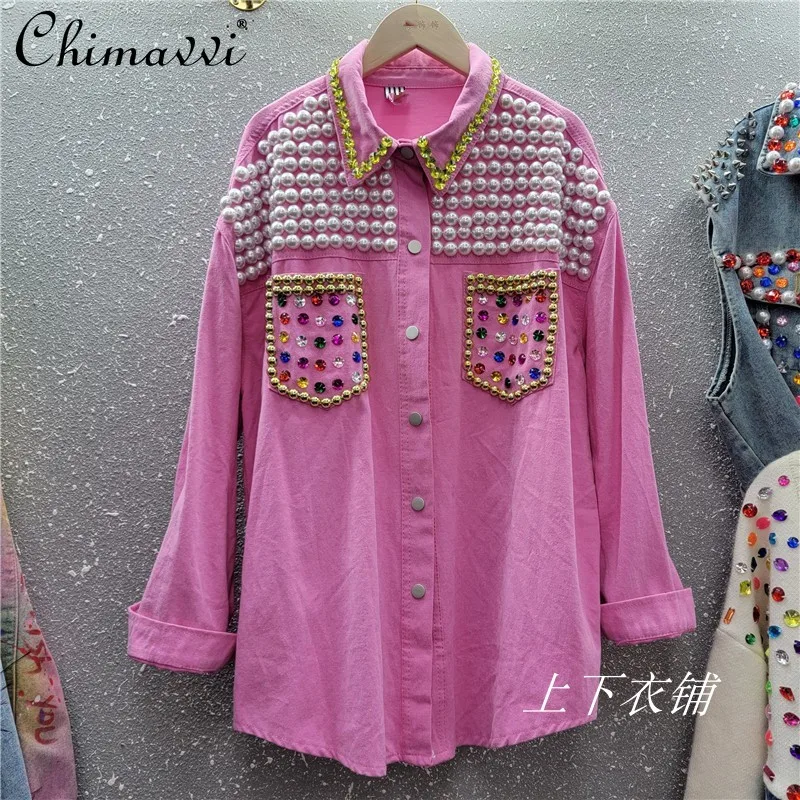 

European Spring and Autumn Heavy Industry Beaded Sequined Denim Shirt Women's Top Loose Streetwear Long Sleeve Loose Jacket
