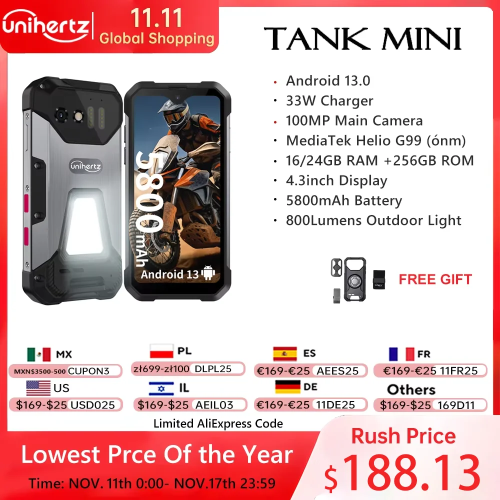 Unihertz 8849 Tank Mini Rugged Smartphone 4.3 Inch Display Android 13 5800mAh 24GB 256GB Helio G99 Octa Core 100MP Cameras IP68