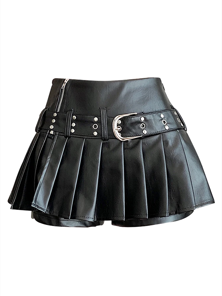 Damen Schwarzer Gothic A-Linie Plissee Lederrock Y2k Mini Shorts Röcke Harajuku Koreanischer Emo Rock 2000er Vintage Kleidung