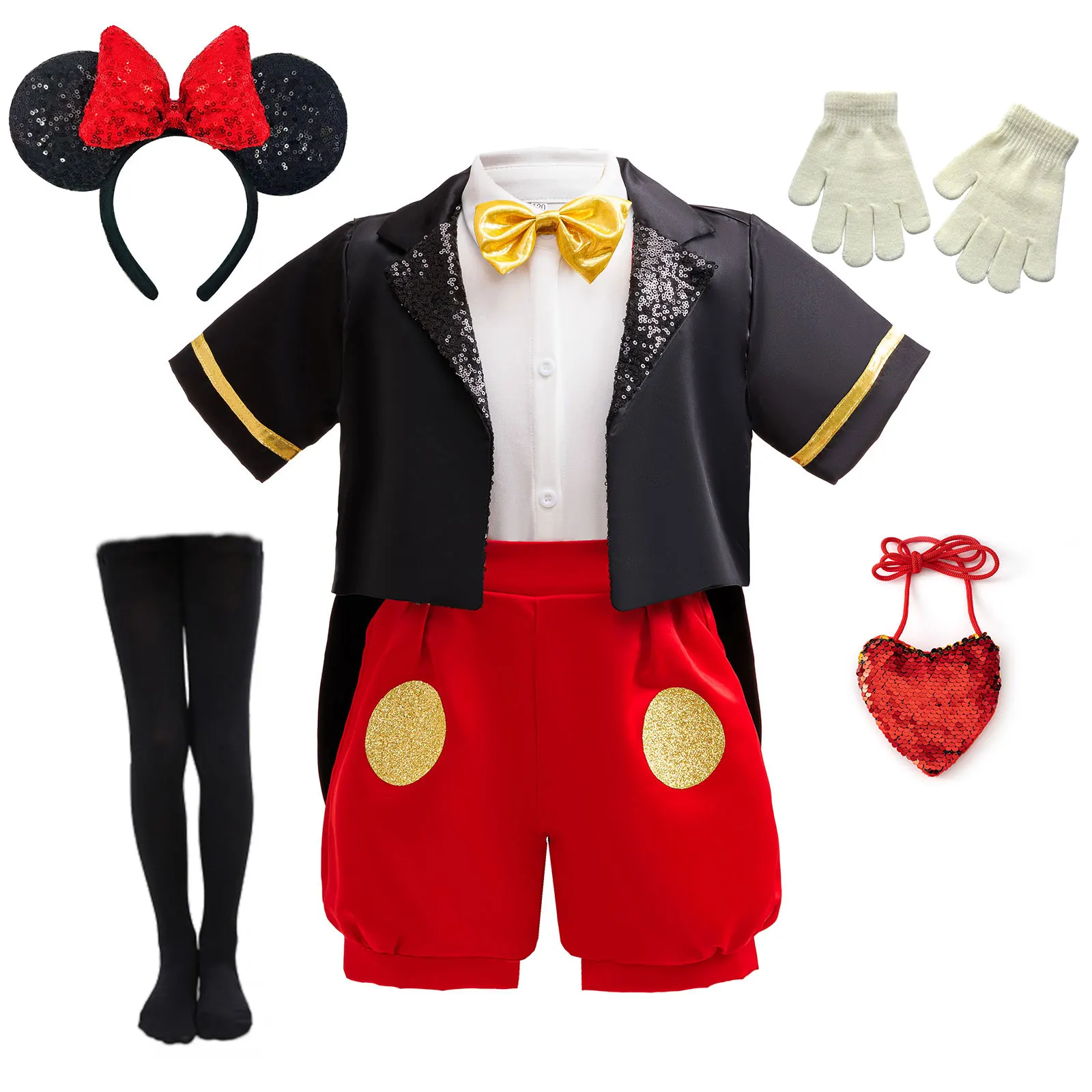 Boy Girl Mikey 4Pcs Set Gentleman Costume Short Sleeve Sequin Jacket+White Shirt+Gold Bow Tie+Red Overalls Kids Cosplay Clothing