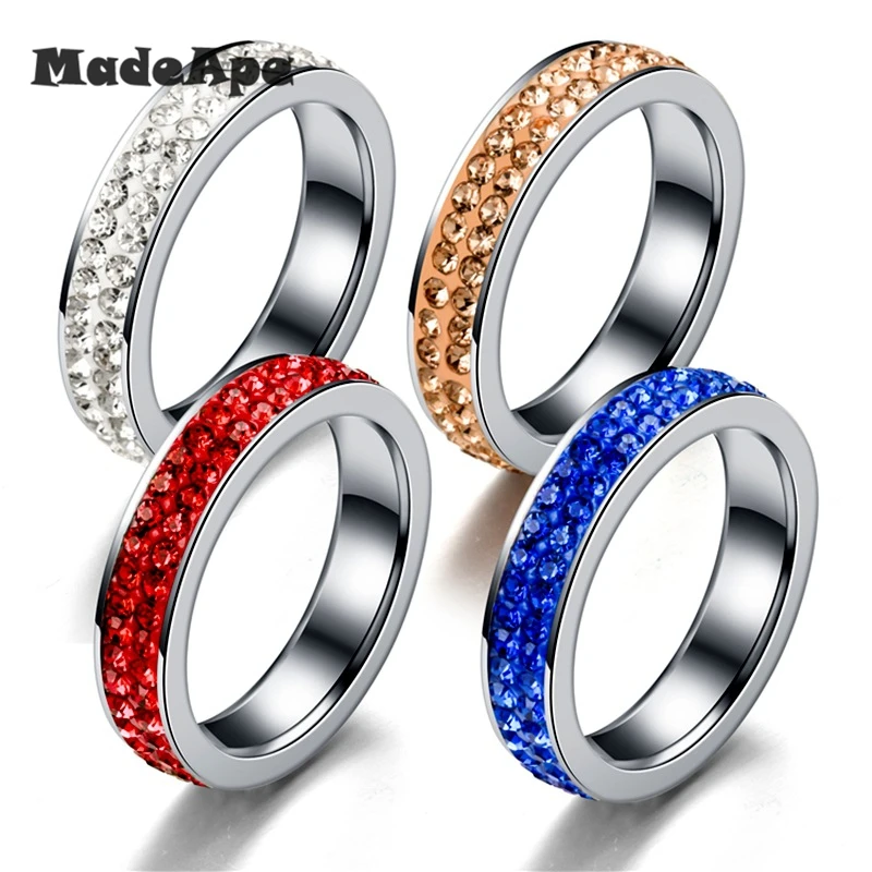 MadApe 3.5mm 2 Row CZ Zircon Wedding Ring Stainless Steel White Brown Blue Red Zircon Women Engagement Rings For Couple Jewelry