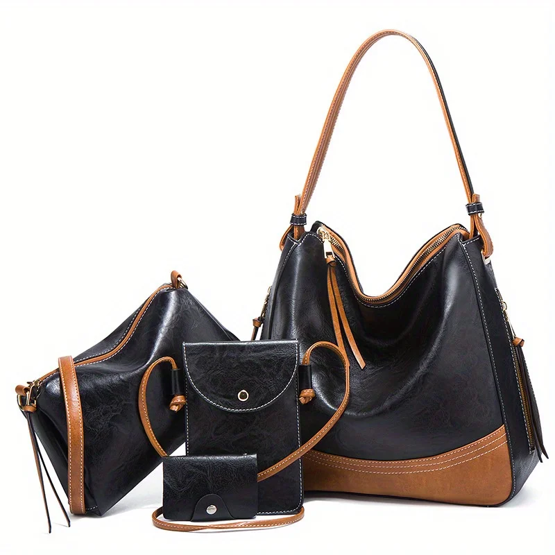 

4PcsPU Leather Set, Zip Closure, Adjustable Shoulder Strap, Stylish Color-Block Tote Bag, Small Card Holder, Ideal for Daily Use