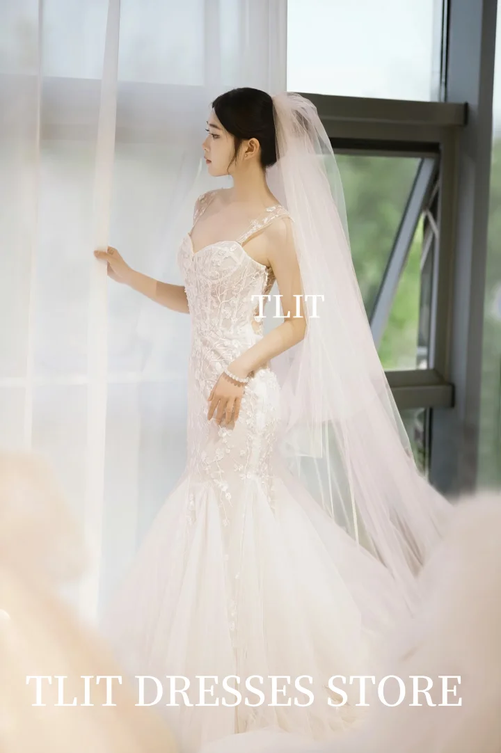 TLIT Elegant Lace Mermaid Wedding Dresses Customized Spaghetti Strap Bridal Korea Wedding Dress Photo Shoot Strapless Dresses