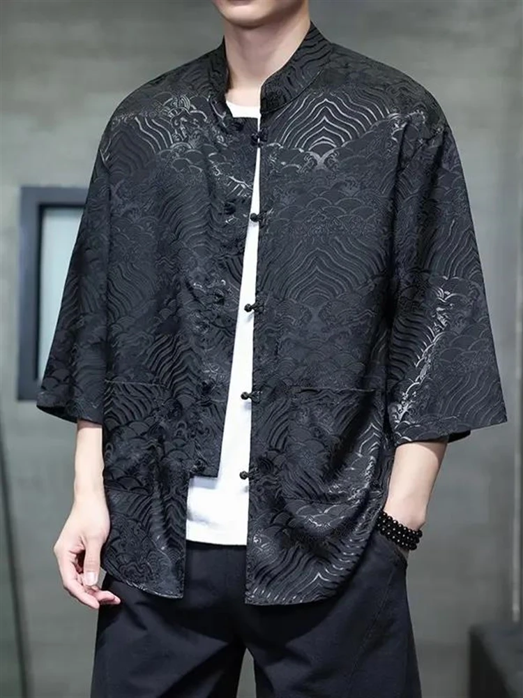 

New Chinese Sle Summer Ice Silk Hanfu ort Sve Men's Faion Tang Suit Five-Quarter Sve National Trend irt
