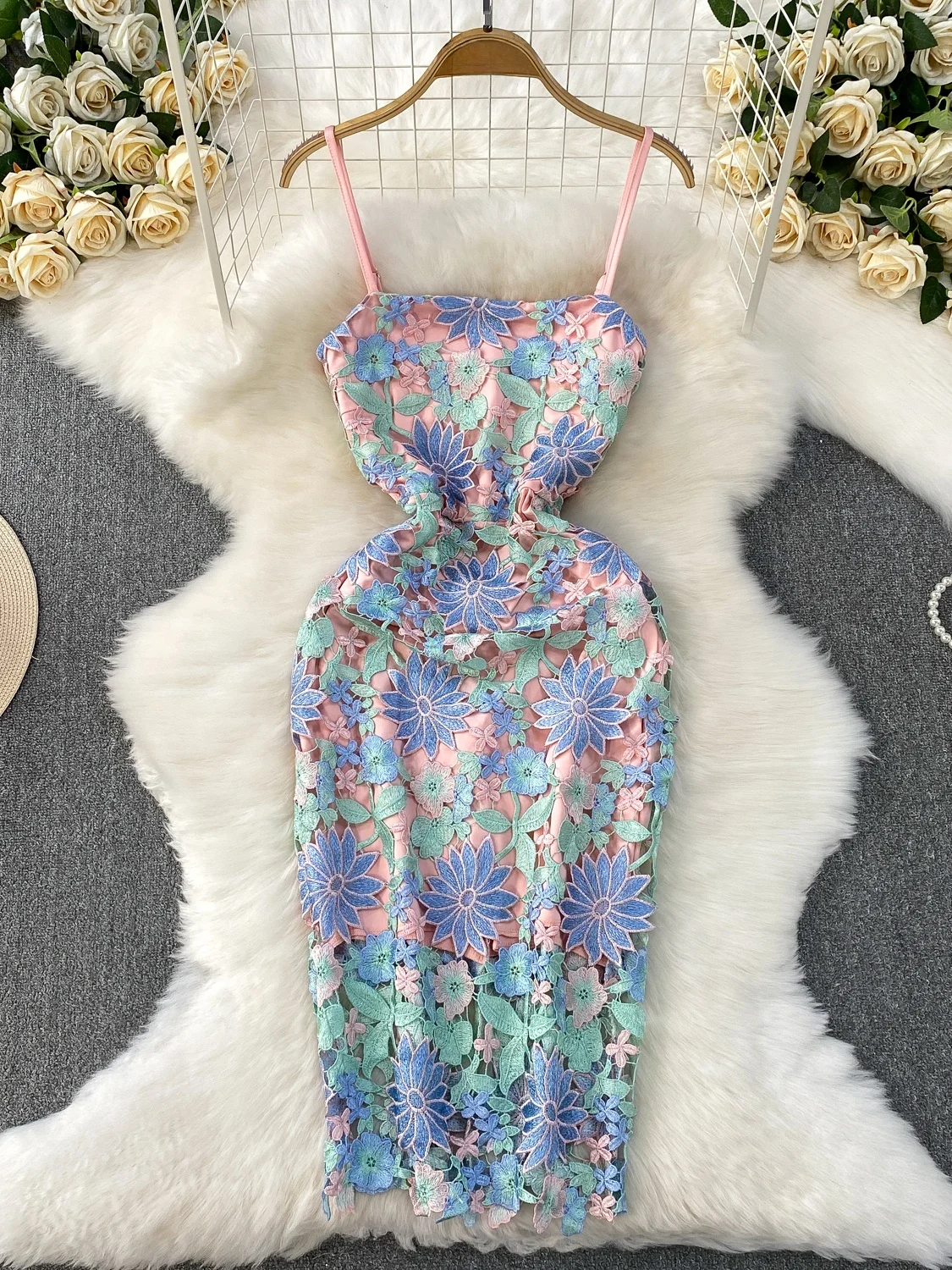 Ele Hollow out Soluble Lace Strap Dr Women's Summer Vaion High Waist Slimming Morning Robe Gown Long Dr