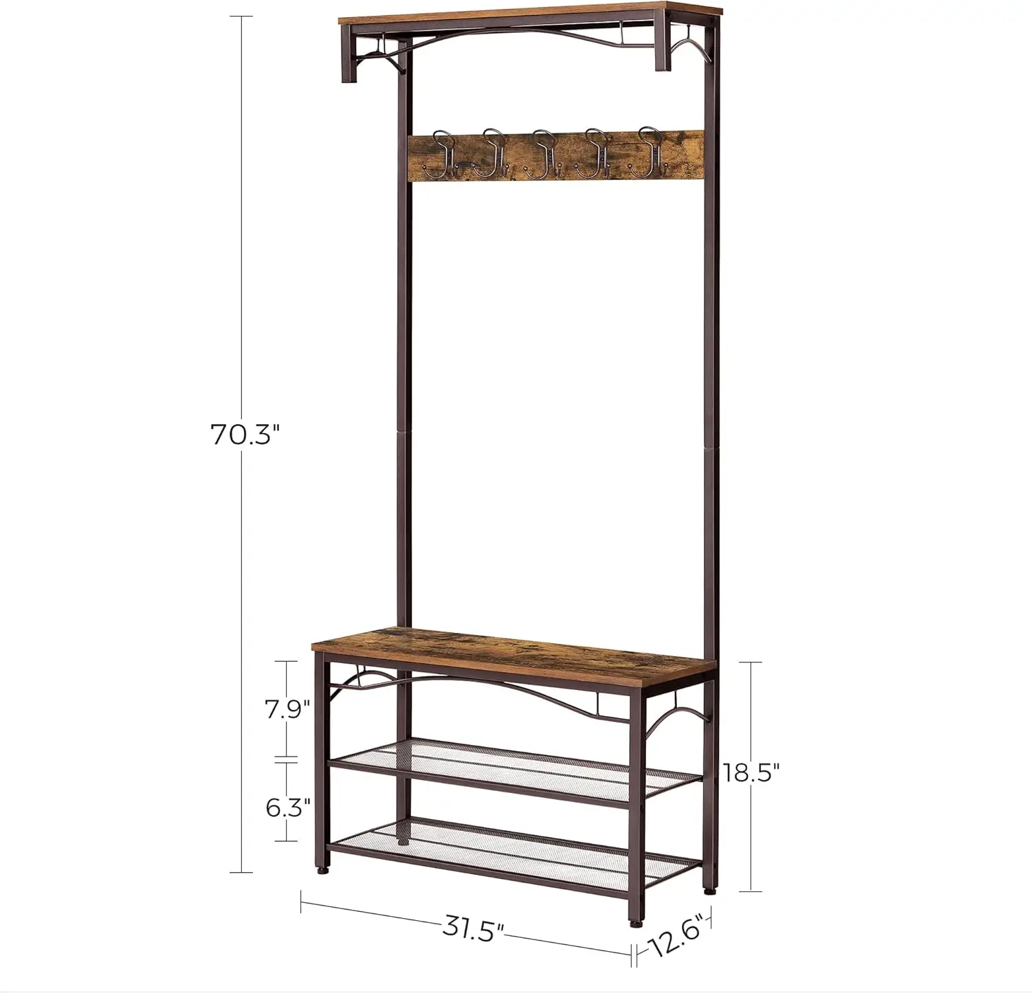 Coat Ra, 3-In-1 Hall Tree, Entryway Shoe Bench Coat Stand, Storage Shelves Accent Furniture Steel Frame Large Size, Industrial,