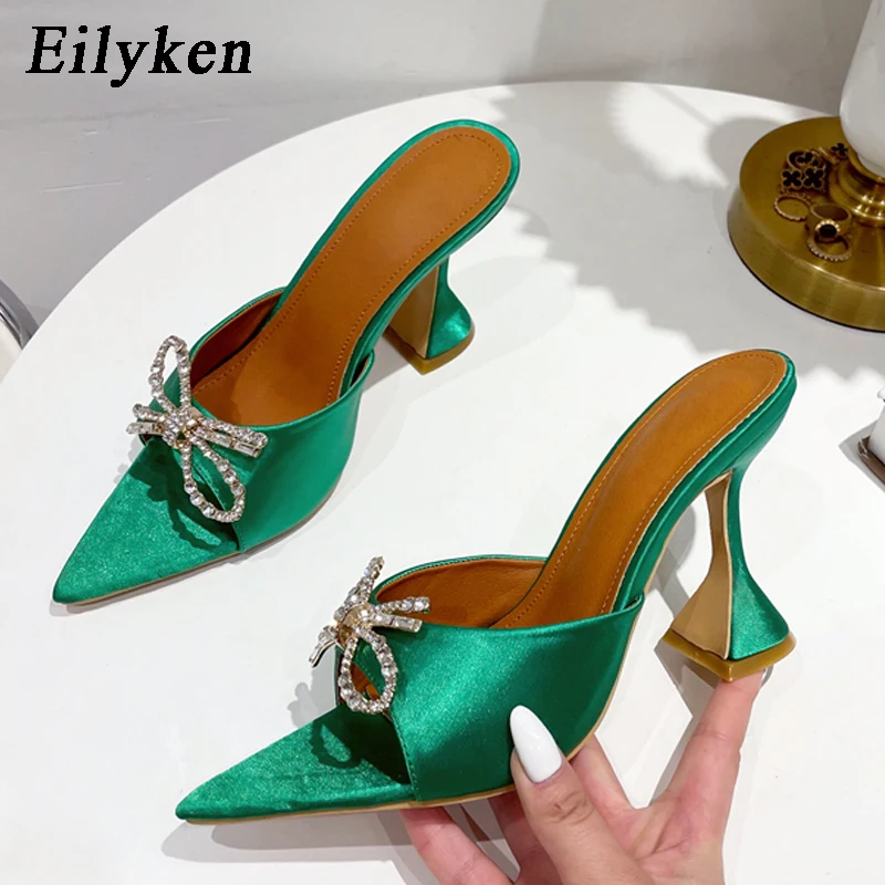 Eilyken Summer Butterfly-knot Pointed CRYSTAL Thick Heel Slippers Sexy Street Woman Square Toes Dress Shoes Zapatilla de mujer