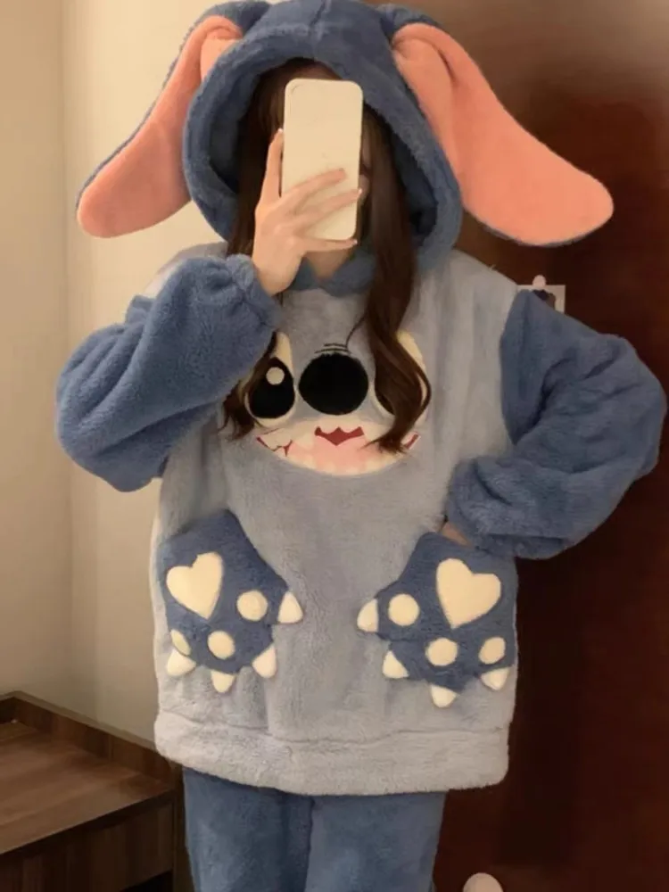 Lilo&stitch Hooded Pajama Girl Winter Student Disney Cartoon Stitch Plus Fleece Flannel Long-sleeved Homewear Set Birthday Gift