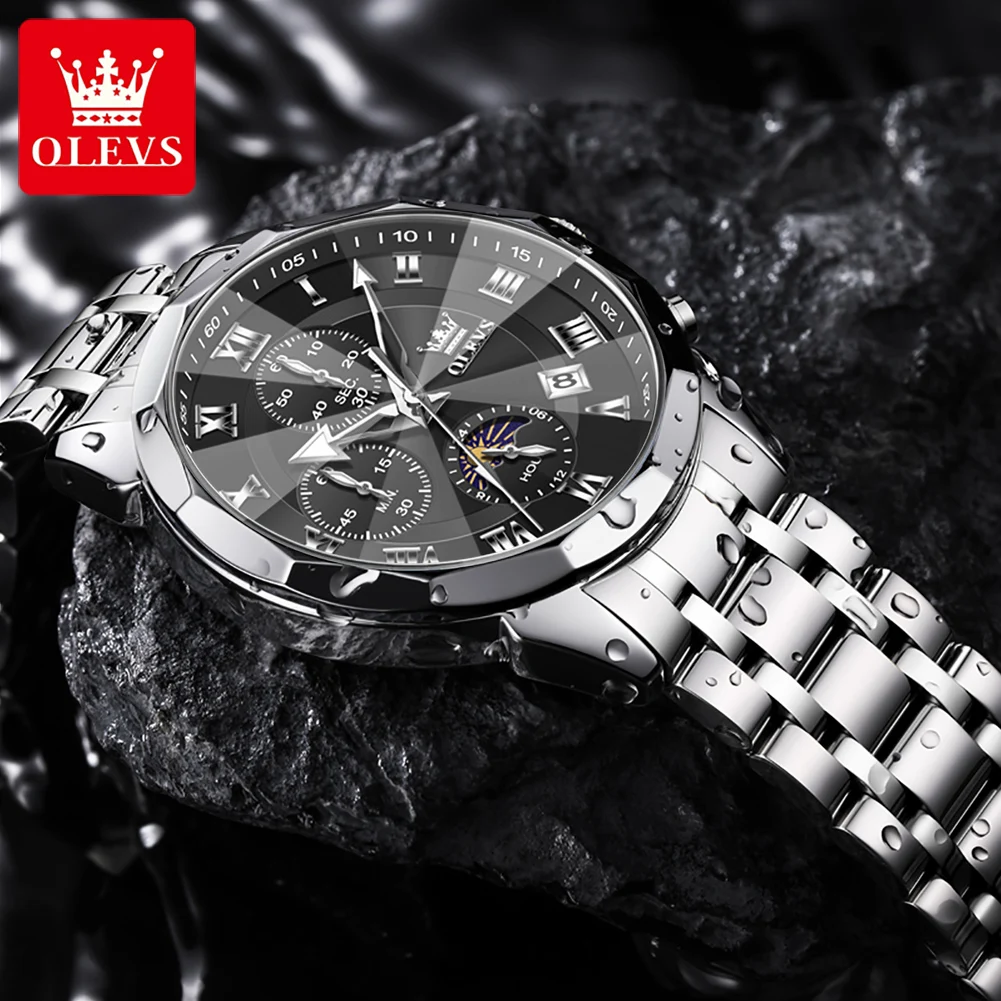OLEVS 3675 ساعة رجالي أصلية متعددة الوظائف ساعة كوارتز بكرونوغراف كلاسيكية مرحلة القمر التقويم نافذة الساعات للرجال #2