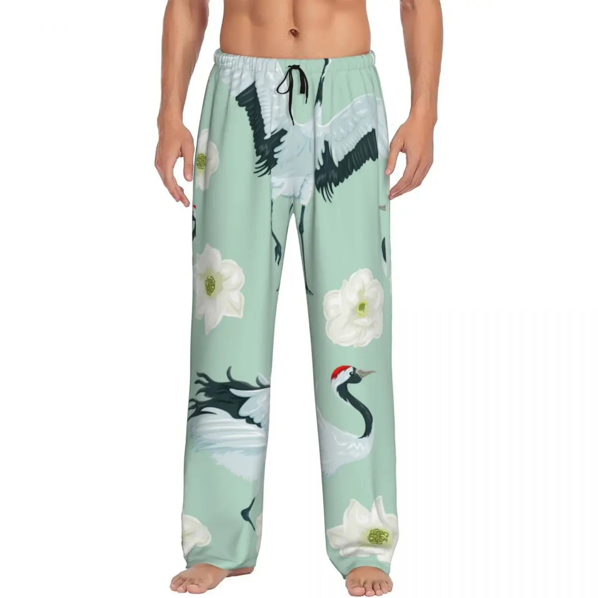 Cranes And Flowers Pajama Pants Sleepwear for Men Elastic Waistband Sleep Lounge Bottoms with Pockets