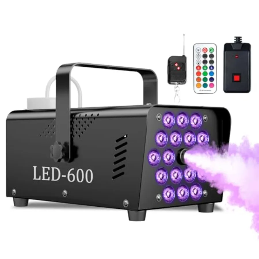 

Дымовая машина 600 Вт, 18 светодиодов, 13 RGB-цветов, производительность 2500 CFM, беспроводное дистанционное управление, для Хэллоуина, свадеб и сцены, черная